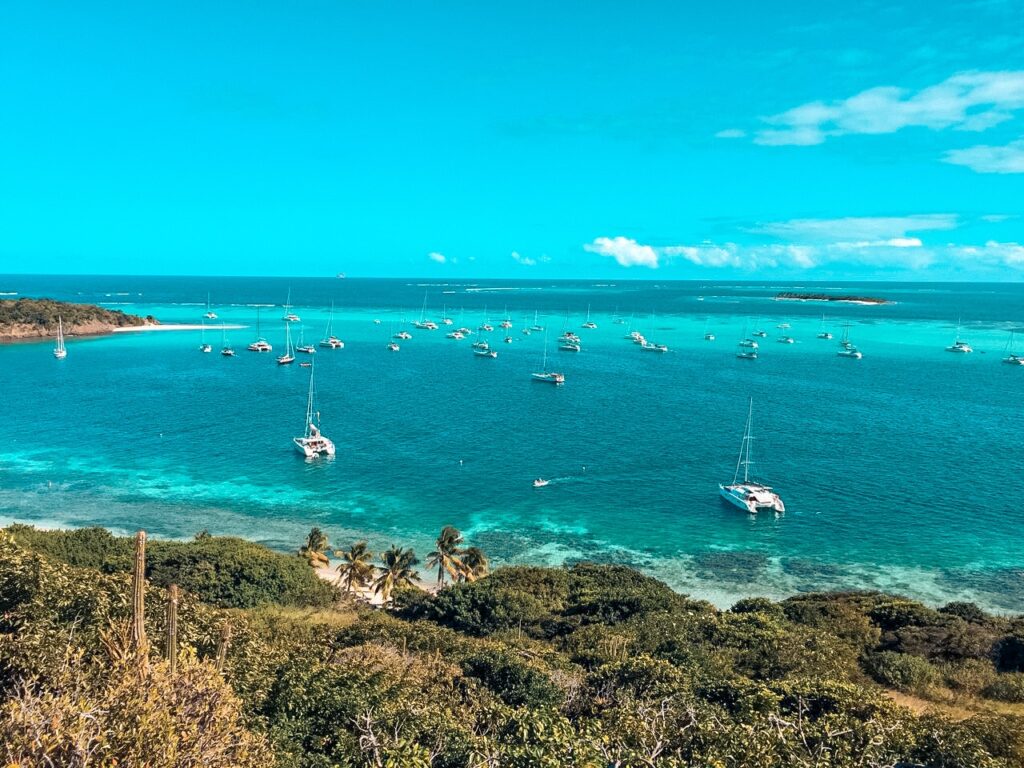 Luftaufnahme einer tropischen Bucht mit türkisfarbenem Wasser und zahlreichen in Ufernähe vor Anker liegenden Katamaranen, umgeben von üppigem Grün unter einem strahlend blauen Himmel.