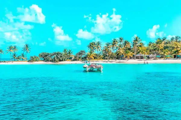 Ein malerischer tropischer Strand mit leuchtend türkisfarbenem Wasser, einer Segelyacht, die in Ufernähe schwimmt, und Palmen, die den Strand unter einem klaren blauen Himmel mit flauschigen Wolken säumen.