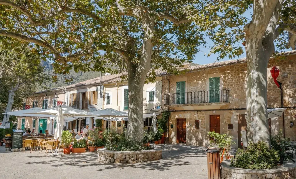 Ein charmantes Straßencafé mit Tischen und Sonnenschirmen im Schatten großer Bäume. Die Leute sitzen, genießen Essen und Getränke und lassen sich von *Essen gehen Mallorca* begeistern. Das Café liegt vor einer Kulisse aus rustikalen Gebäuden mit grünen Fensterläden und Balkonen. Die Szene ist sonnig und einladend.